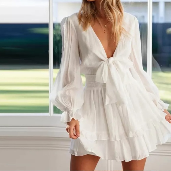Dresses & Skirts - 🎉New Boho Knot Front V Neck Ruffles Long Sleeve Swing Mini Dress